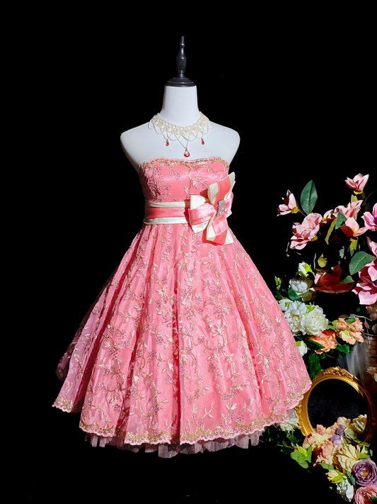 Gorgeous Pink Strapless Satin Tulle Embroidered A Line Short Homecoming Dress Birthday Outfits SP2710