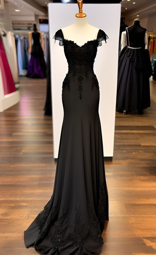 Charming Black Mermaid Straps Chiffon Appliques Evening Dress Prom Dress Y7823