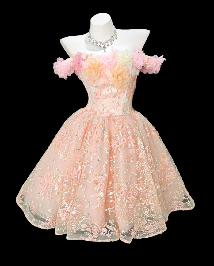 Pretty Pink Off The Shoulder Tulle Sequin Appliques Long Prom Dress Birthday Party Gown Detachable Outer Yarn SP1922