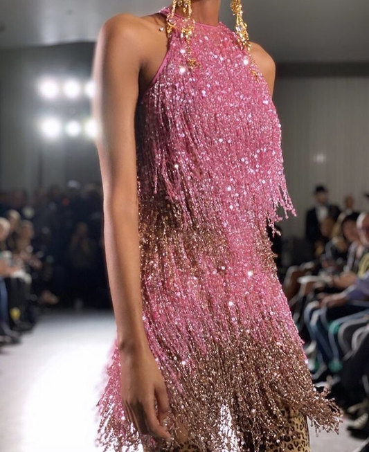 Glitter Halter Pink Sequin Beaded Tassel Short Cocktail Dress Graduation Homecoming Dress Y9694