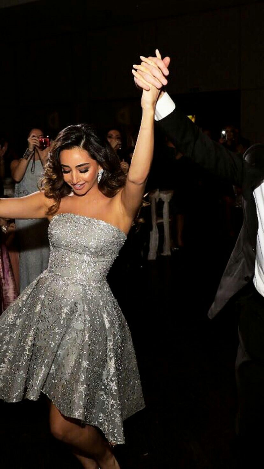 Gorgeous Strapless Silver Gray Satin Lace Sequin A Line Short Graduation Homecoming Dress Cocktail Dress SP2844