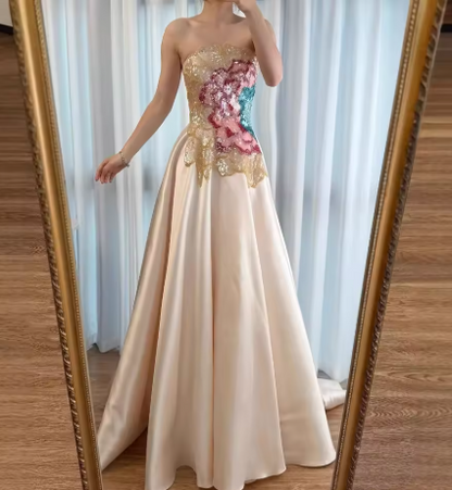 Classy Strapless Satin Sequin Long Evening Dress Formal Birthday Prom Dress SP575
