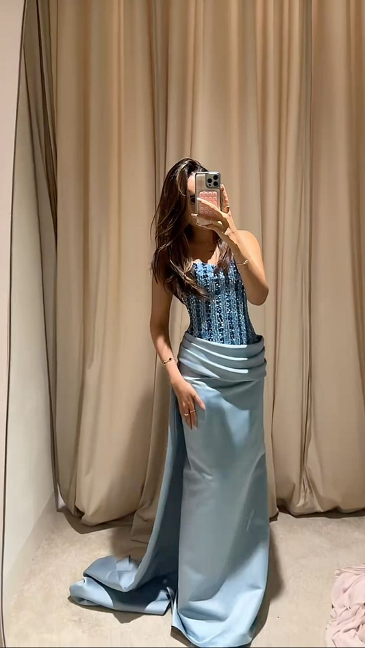 Fashion Blue Satin Beaded Mermaid Party Dress Long Wedding Guest Dress  SP3103