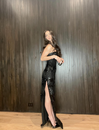 Sexy Black Strapless Satin Sequin Slit Long Party Dress Birthday Prom Dresses SP1037