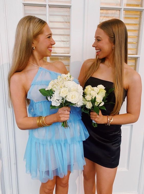 Cute Blue Tulle Short Homecoming Dress,Black Bodycon Dress  Y2016