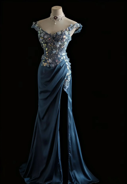 Elegant Blue Off The Shoulder Satin Sequin Appliques Mermaid Evening Dress Silt Long Wedding Guest Dress SP1211
