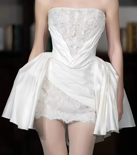 Fairy Strapless White Lace Satin A Line Short 17th Birthday Outfits Homecoming Dress SP3035