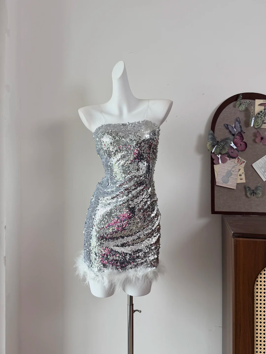 Sexy Strapless Sequin Feathers Sheath Cocktail Dress Silver Short 6th Grade Homecoming Dress SP2332