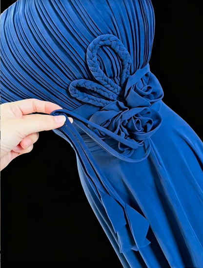 Classy Spaghetti Strap Satin Chiffon Pleated Long Wedding Guest Dress Navy Blue Party Dress SP2766