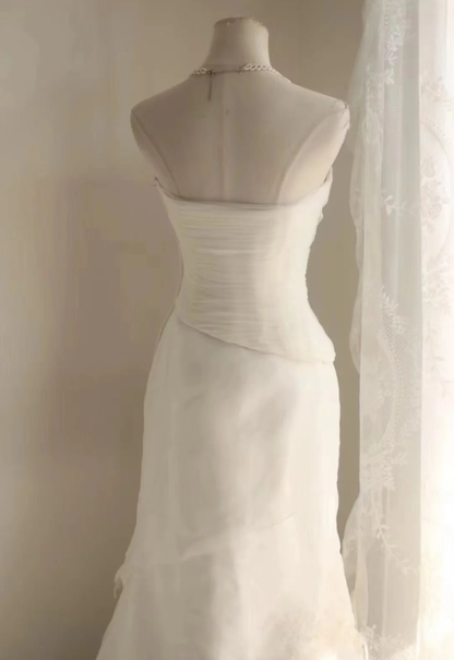 Elegant Strapless White Tulle Lace Appliques Mermaid Bridal Dress Long Wedding Dress SP1169