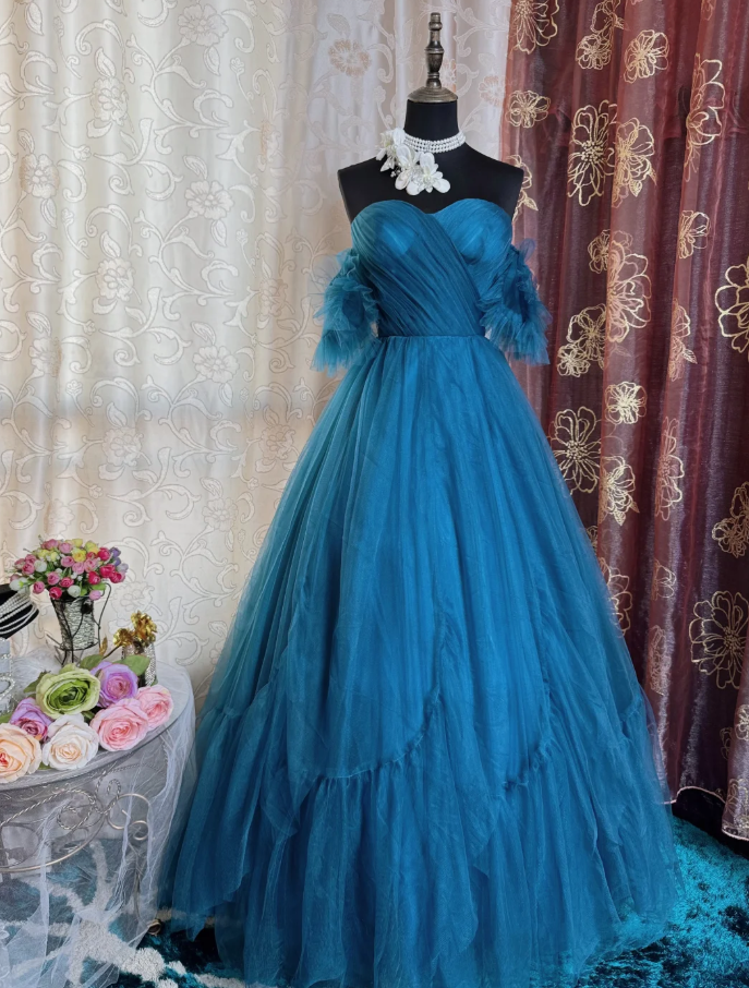 Elegant Peacock Blue Off The Tulle A Line Wedding Guest Dress Long Evening Dress Prom Dress SP1613