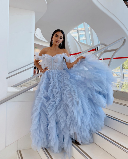 Charming Off The Shoulder Sky Blue Tulle Pleated Long Party Dress Birthday Outfits SP1129