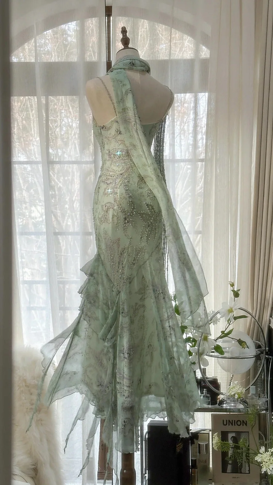 Vintage Spaghetti Straps Long Evening Dress, Sleeveless Green Mermaid Party Gowns Y9728