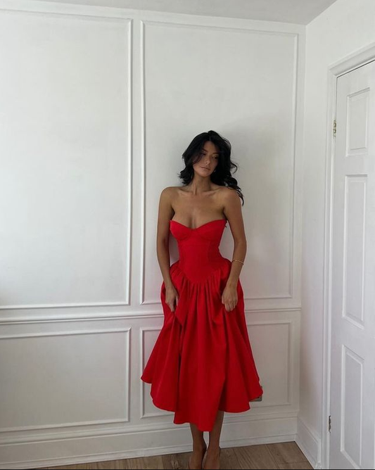 Charming Red Strapless Pleated Prom Dress A Line Evening Gown Y7763