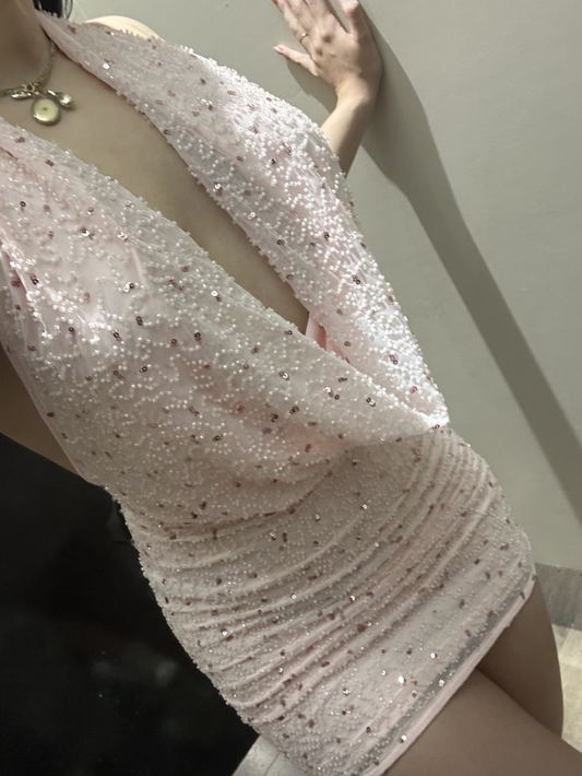 Pretty Halter Pink sequin Beaded Sheath Short 8th Grade Homecoming Dress Birthday Outfits SP2725