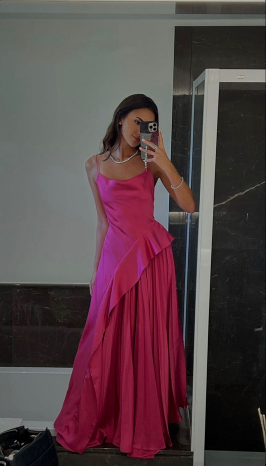 Elegant Spaghetti Straps Hot Pink Satin A Line Long Wedding Guest Dress Birthday Party Dress SP989