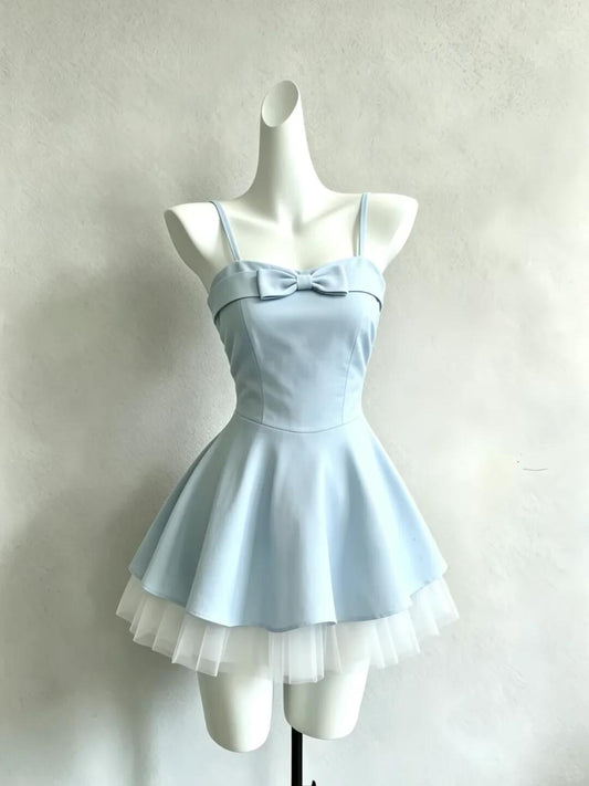 Cute Spaghetti Strap Blue Satin Tulle Short Homecoming Dress Cocktail Dress SP2508