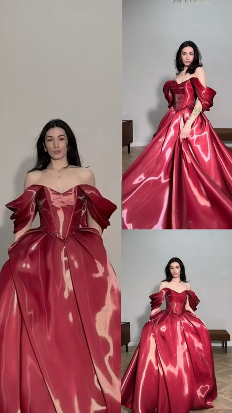 Pretty Off The Shoulder Red Satin Ball Gown Long Birthday Party Dress Prom Gowns SP2170