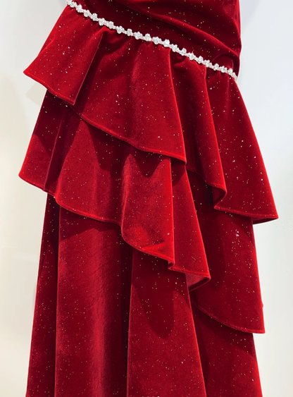 Shiny Spaghetti Straps Red Velvet Sequin Beaded Ruffles Mermaid Party Dress Long Prom Dress SP429