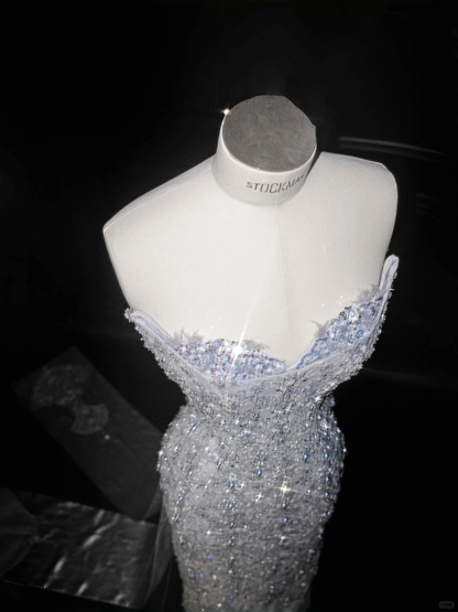 Glamorous Blue Strapless Sequins Beaded sheath Long Prom Dress Evening Dress Y8654