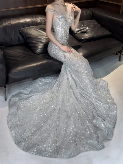 Sparkly Silver Tulle Sequin Mermaid Long Wedding Dress SP4154