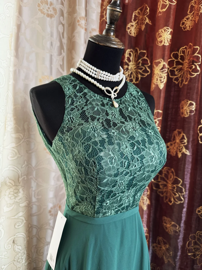 Vintage Green Sleeveless Chiffon Lace A Line Long Wedding Guest Dress Backless Party Dress SP2192