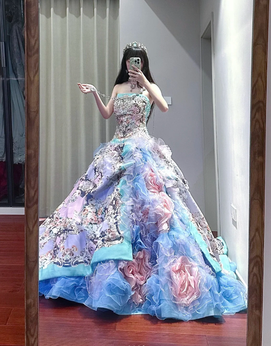Pretty Strapless Satin Beaded Tulle Pleated Ball Gown Formal Princess Quinceanera Dress SP1186