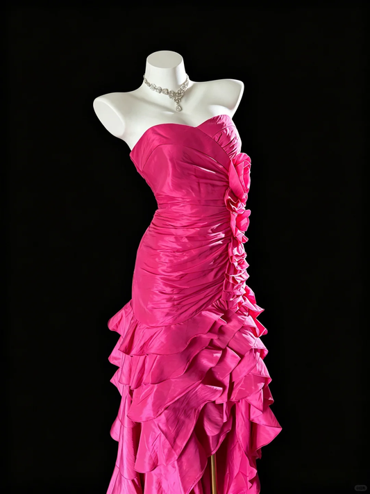Vintage Hot Pink Satin Mermaid Party Dress Strapless Ruched Ruffled Asymmetrical Prom Dress SP2726