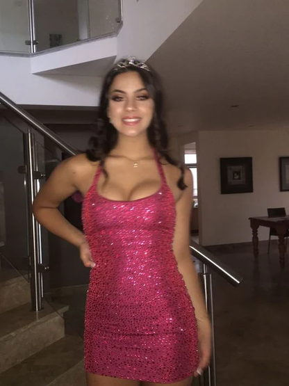 Sparkly Halter Sequin Cocktail Dress Sheath Short Homecoming Dress Y9899