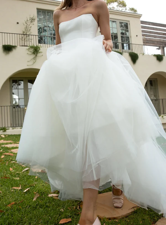 Romantic White A Line Tulle Prom Dress,Formal Wedding Dress Y8084