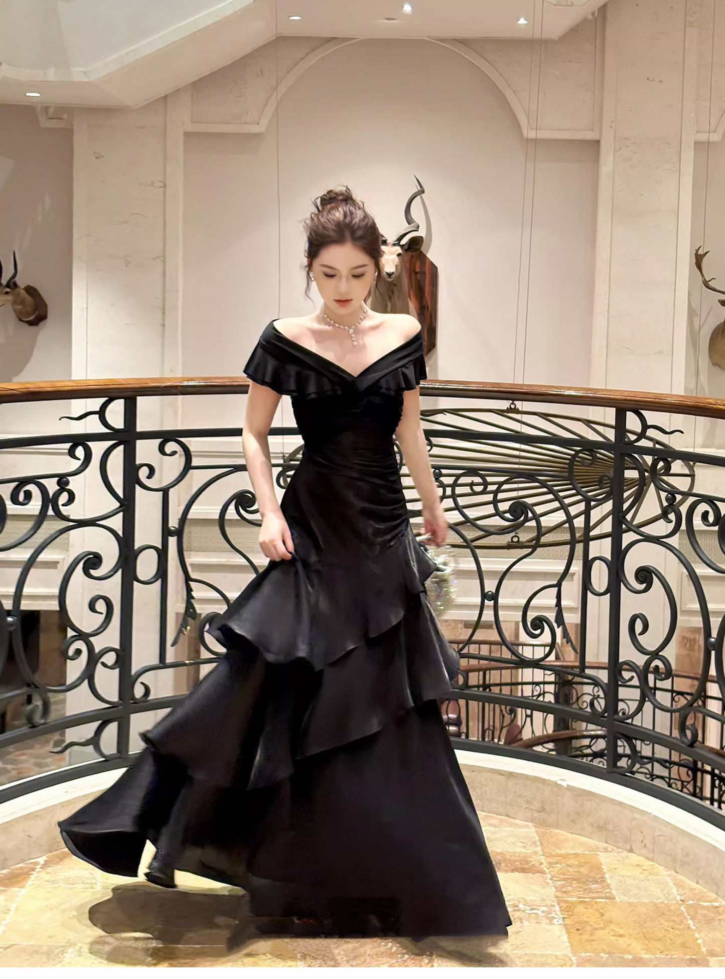 Gorgeous Off The Shoulder Satin Ruffles Layered Mermaid Long Party Dress Black Wedding Guest Dress SP1977