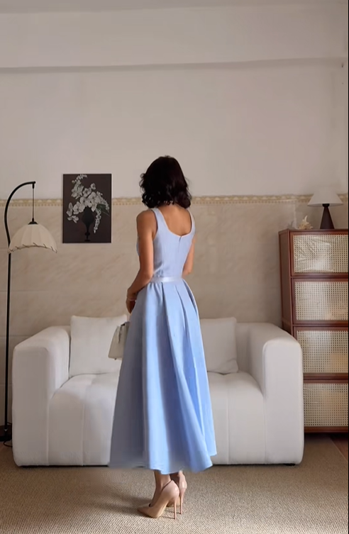 Sweet Blue Sleeveless Satin A Line Birthday Dress Long Party Gowns SP2071