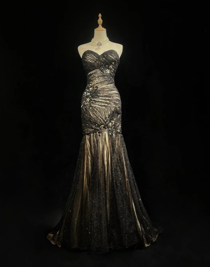 Glitter Strapless Tulle Appliques Beaded Mermaid Long Evening Dress Birthday Prom Dresses SP1791
