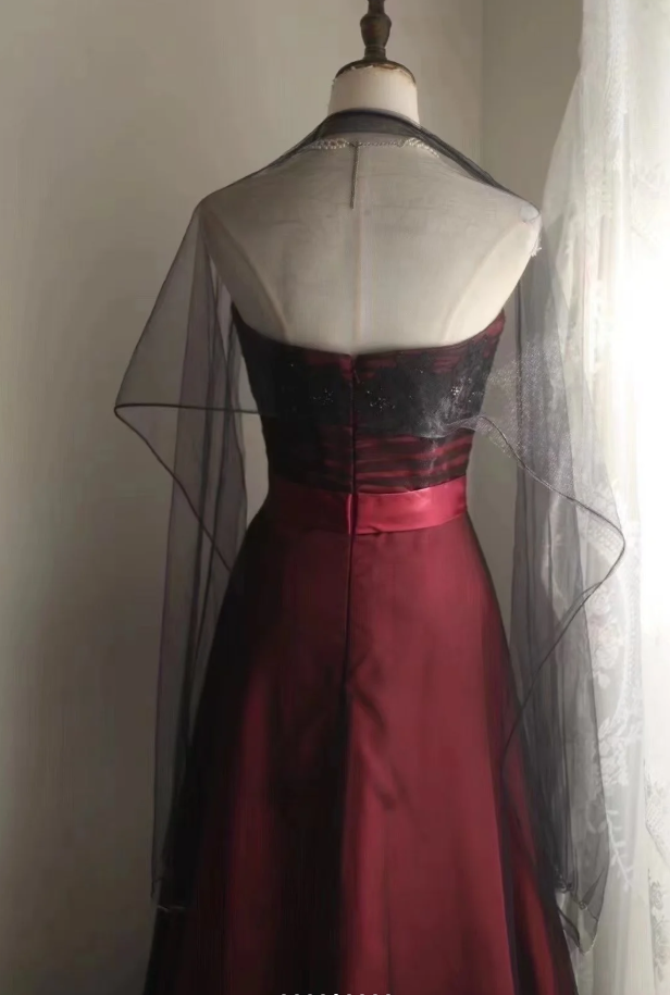 Vintage Strapless Burgundy Satin Lace Beaded Long Evening Dress Birthday Prom Dresses SP1234