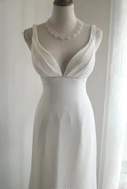 Elegant White V Neck Backless Long Wedding Guest Dress Party Gown SP1205