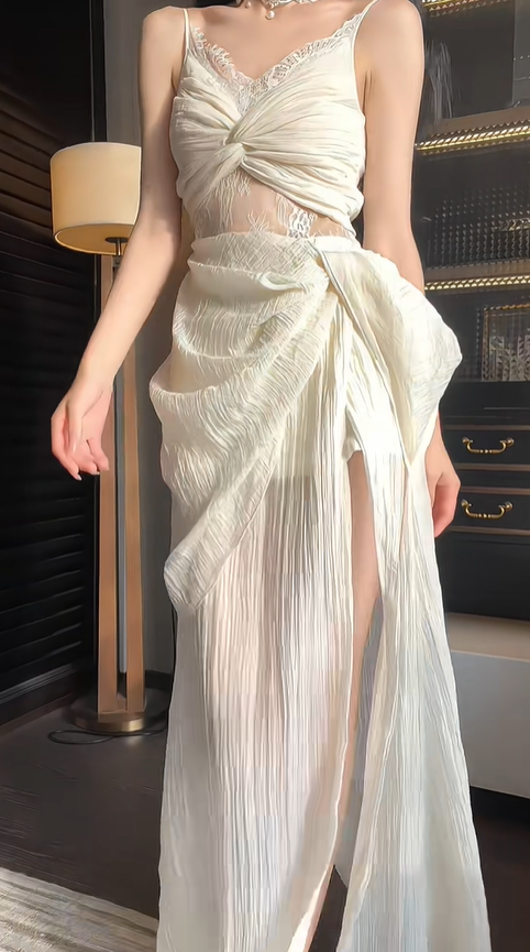 Sexy White Spaghetti Straps Lace Tulle Pleated Side Slit Prom Dress Mermaid Long Party Gown SP430