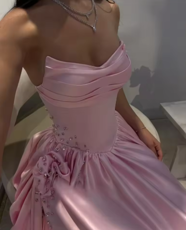 Elegant Strapless Satin Pleated Beaded Slit Party Dress Pink Formal Wedding Guest Dress SP487