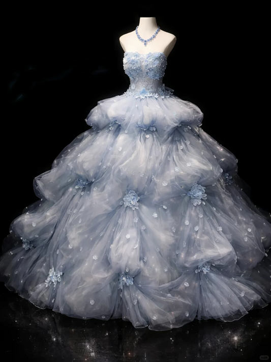 Glamorous Ball Gown Blue Tulle Pleated Appliques Quinceanera Dress Sweet 16 Dress SP2539