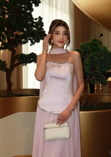 Elegant Strapless Pink Satin Beaded Chiffon Mermaid Party Dress Prom Dress With Ribbon SP536