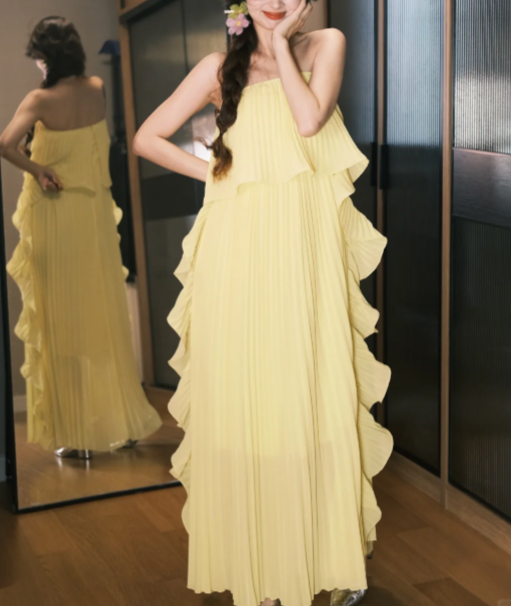 Chic Strapless Chiffon Pleated Long Party Dress Yellow Prom Dress SP2098