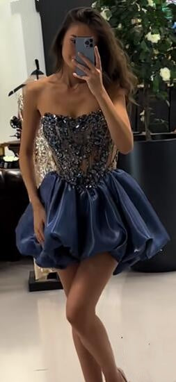 Gorgeous Blue Satin Beaded A Line Short 8th Grade Homecoming Dress,Strapless Short Birthday Outfits SP3141