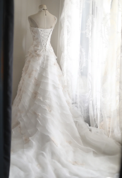 Vintage Strapless White tulle Layered Mermaid Long Wedding Dress Bridal Dress SP1247