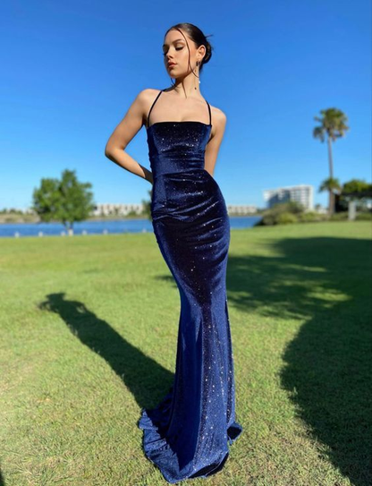 Vintage Spaghetti Straps Navy Blue Velvet Long Mermaid Prom Dress Evening Dress Y7829