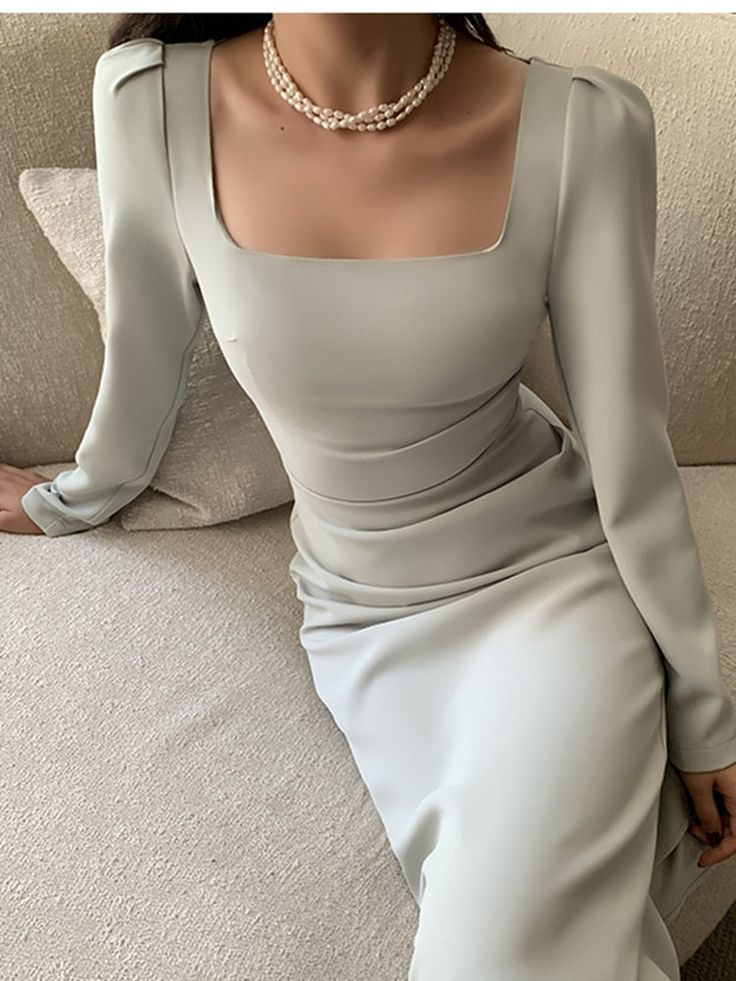 New Elegant Fashion Office Lady Long Sleeve Solid Color Women's Party Dress Classy Prom Dress Y5628