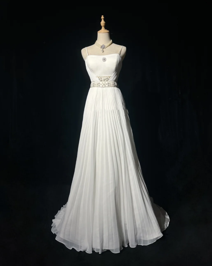 Classy Spaghetti Straps Chiffon Beaded Mermaid Party Dress White Birthday Prom Gowns SP1856