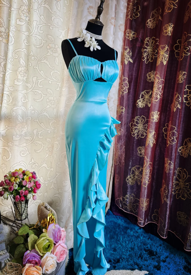 Sexy Spaghetti Straps Blue Satin Ruffles Slit Long Party Dress Formal Wedding Guest Dress SP1944