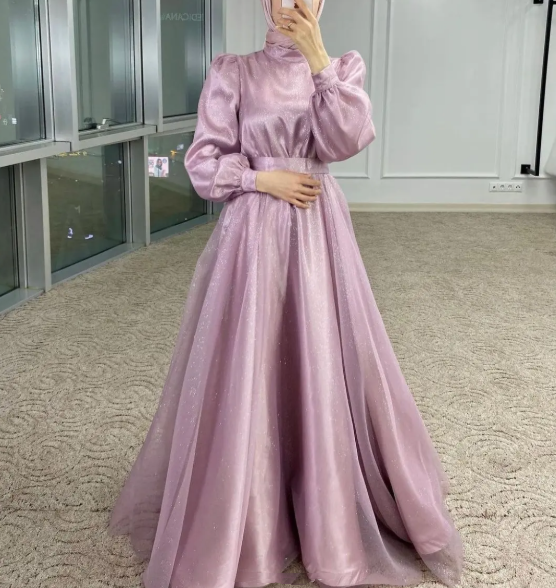 Modest A-line Navy Blue Tulle Long Sleeves Prom Dress,Muslim Dress  Y5848