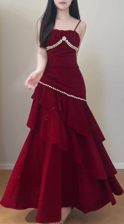 Shiny Spaghetti Straps Red Velvet Sequin Beaded Ruffles Mermaid Party Dress Long Prom Dress SP429