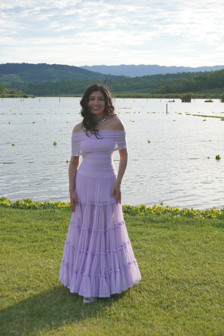 Classy Off the Shoulder Chiffon Tiered Prom Gown Lavender Long Evening Dresses SP2103