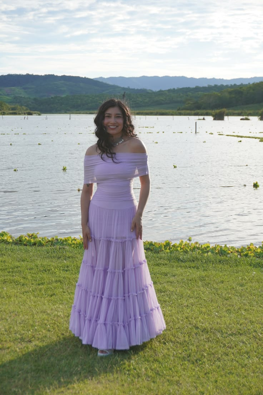 Classy Off the Shoulder Chiffon Tiered Prom Gown Lavender Long Evening Dresses SP2103